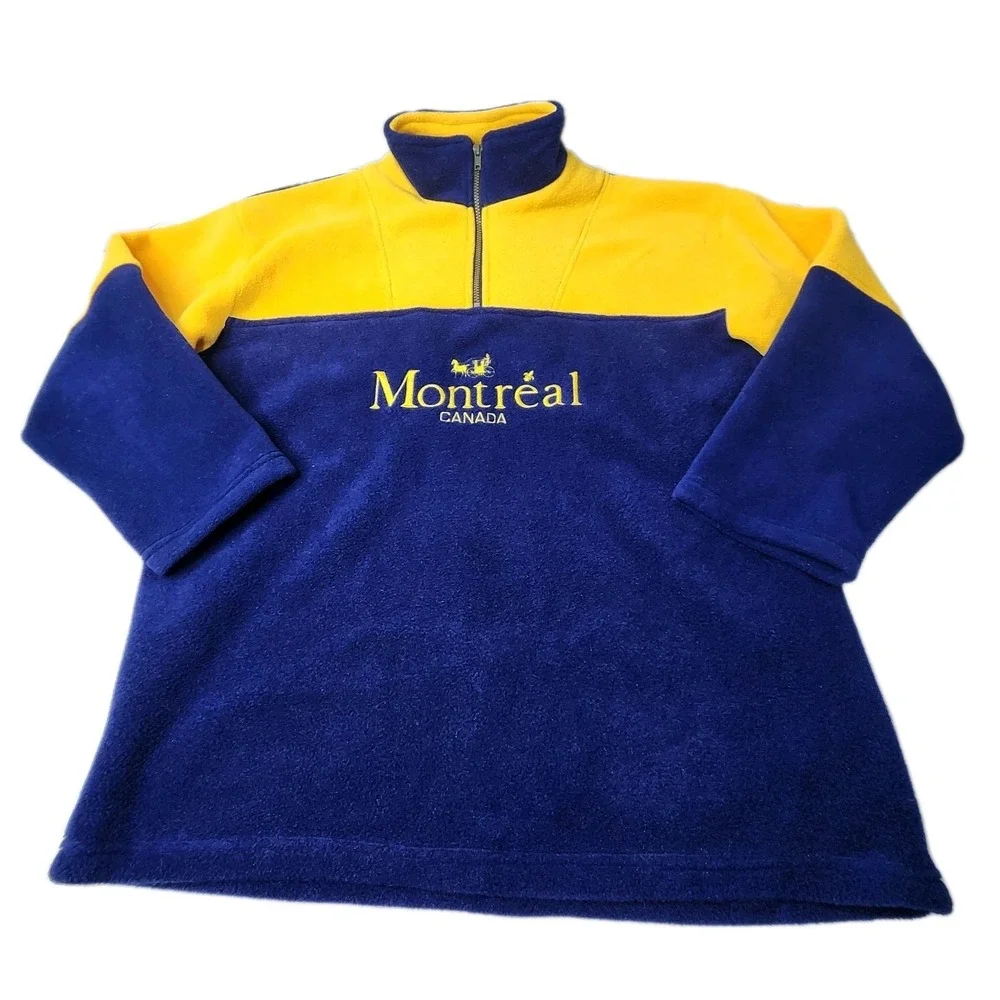 Montreal Canada Vintage 1/4 Zip Sweater Fleece Size LRG Blue Yellow Made In CAN